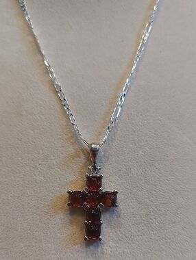 925 Sterling Silver Cognac Amber Cross Pendant with 18 inch Figaro Chain